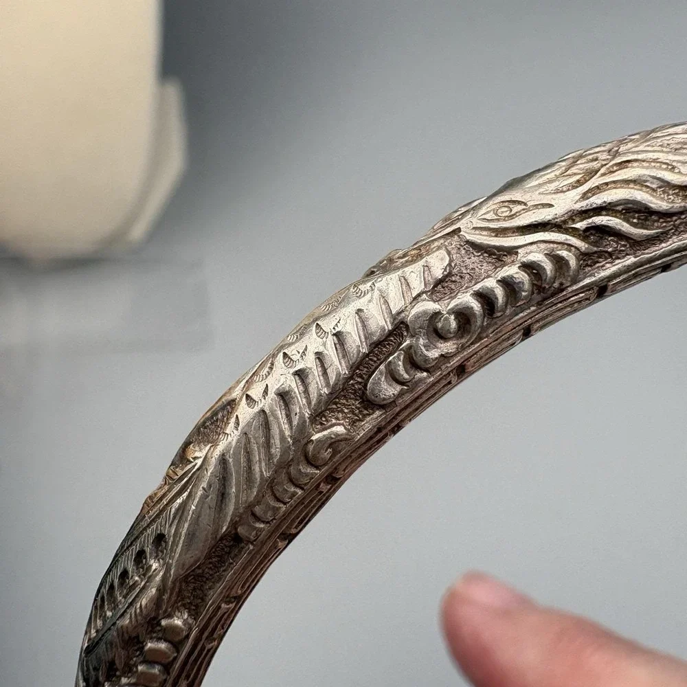 Vintage Chinese Silver Bangle Rattan Phoenix Bamboo Wood 8.25